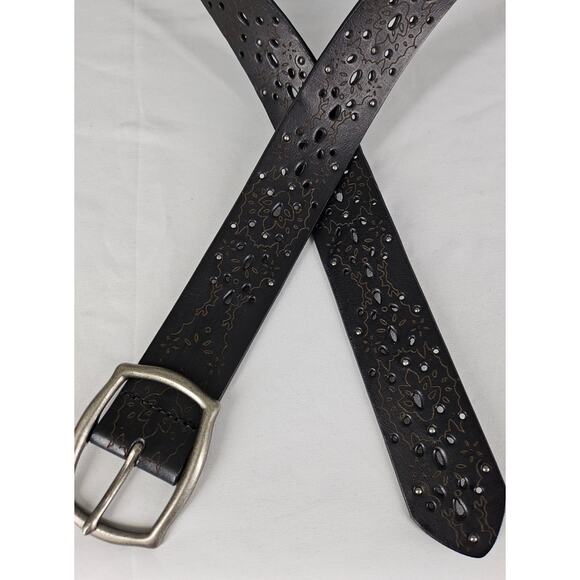 CUSTOM EMBOSSED UNISEX DRK BROWN LEATHER BELT W/ NICKLE BUCKLE – 45” L, 1.5” W - Picture 3 of 6